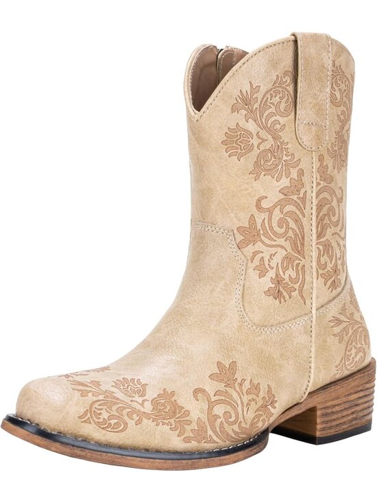 Shoes - Women's Tan Cowboy Boots Cowgirl Ankle Western with Square Toe Low Heel